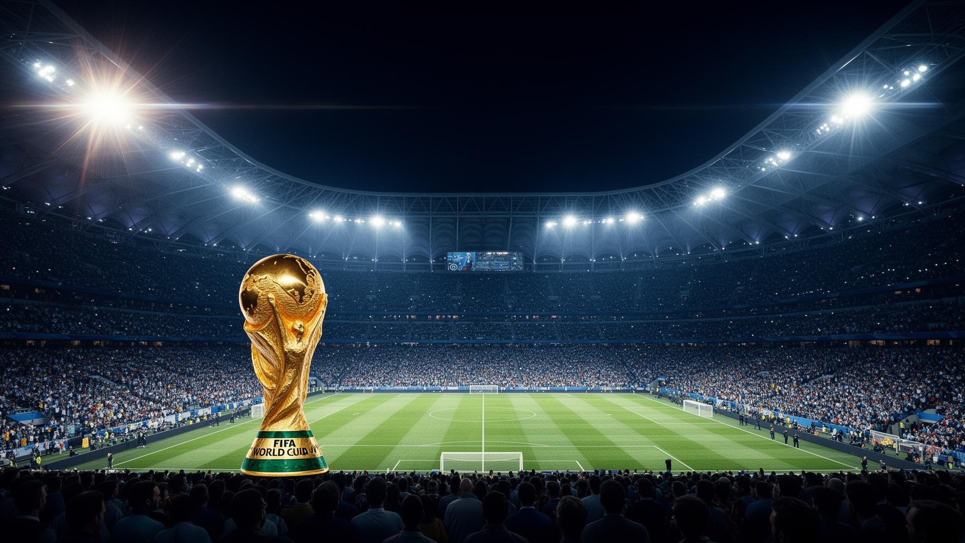 FIFA World Cup 2026 stadium with golden trophy